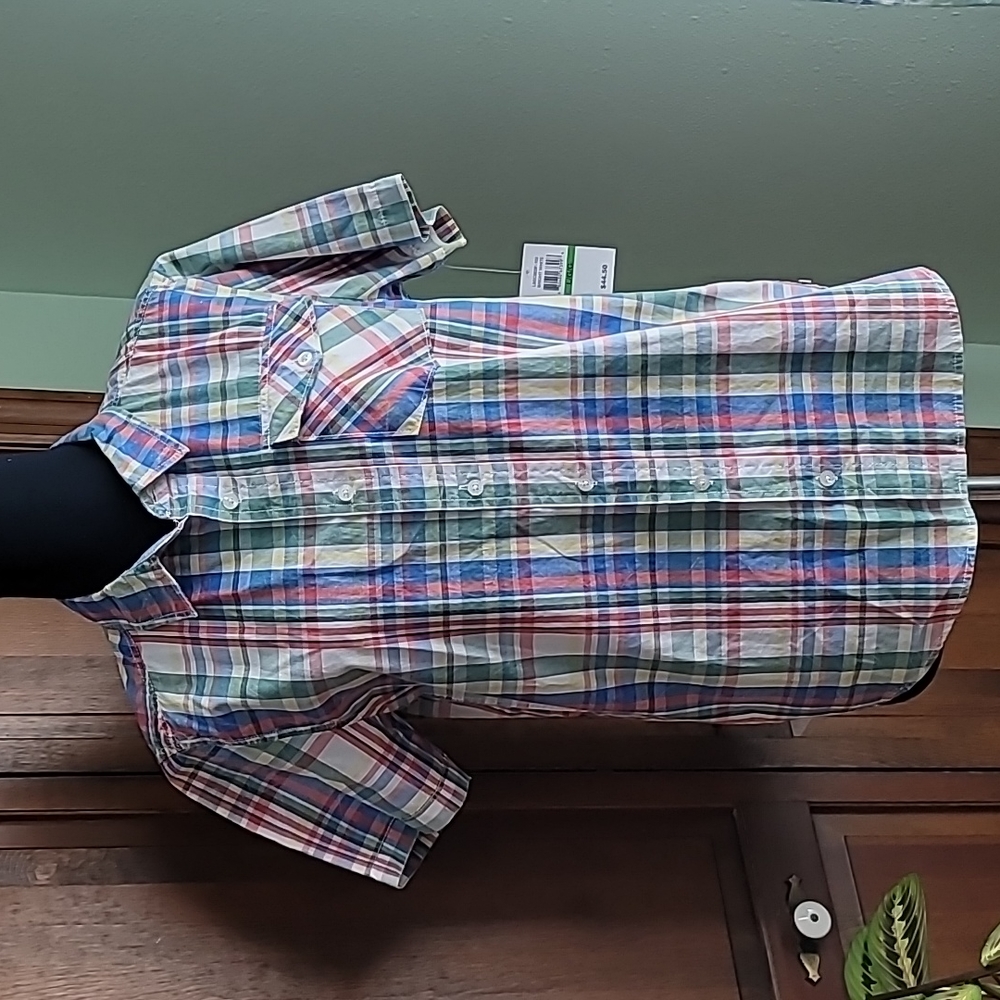 Lucky Brand shirt madras Lg mens red green blue button  (runs sm)